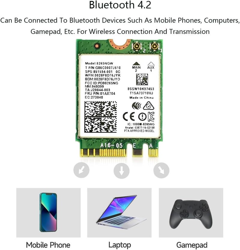 Waveshare Dual-Band Wireless-AC8265NGW Wireless-AC NGFF WiFi Adapter with Bluetooth 4.2, 2.4GHz 300Mbps & 5GHz 867Mbps Wireless Network Card, Compatible with Linux, Windows 10/11 - Image 3